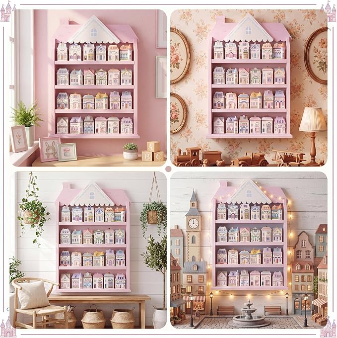 Chunful Vintage Spice Jar Wooden Rack with 4 Tier Hanging Spice Rack Wall Mounting Kitchen Storage Village Style Display Shelf for 24 Jar, Christmas Wedding Bridal Gift, Shelf Only(Pastel Pink House)
