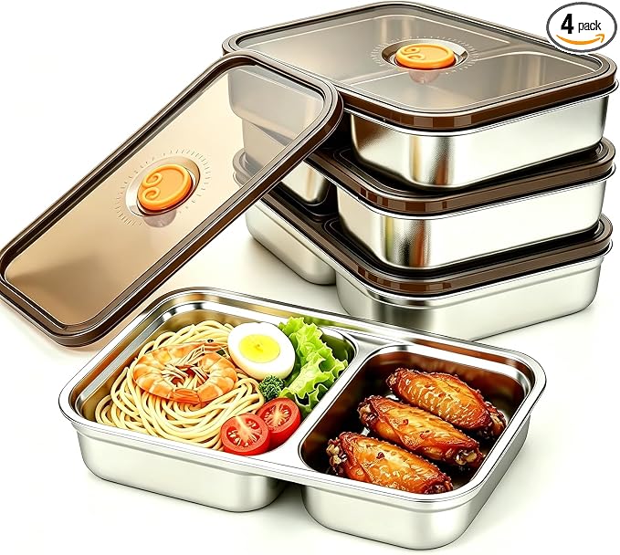 4 Pack Stainless Steel Bento Box with Lids 2 Compartment Containers | Metal Reusable Snack Lunch box Leak Proof Food Storage Container BPA Free Meal Prep Women Kids for Picnic, Office, Outside