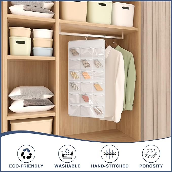 26-Pocket Hanging Organizer for Socks, Underwear, Bras, and Leggings, Dual-Sided Closet Storage for Lingerie and Kids’ Clothing, White