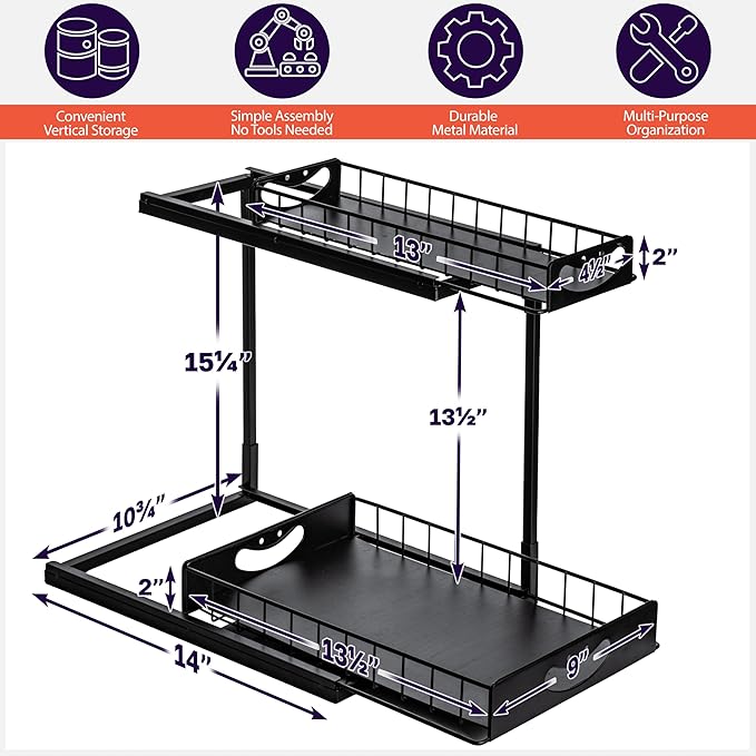 ClearSpace Under Sink Organizer, Pull Out Cabinet Organizer, 2 Pack - 2 Tier Slide Out Organizers and Storage Shelf - Metal Sliding Drawer for Kitchen Bathroom Pantry Cabinet Organization Rack, Black