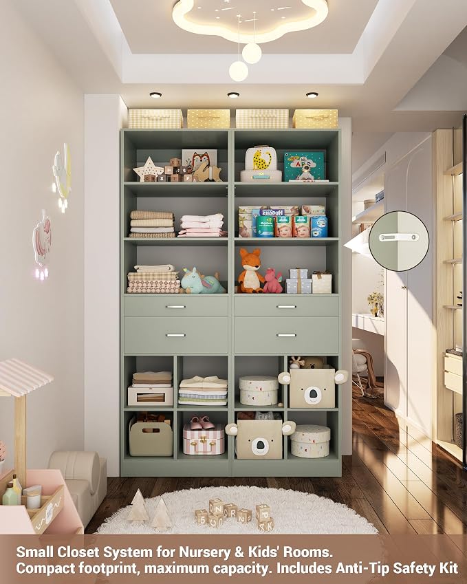 Besiost 18.9" Small Closet System with Drawers, Walk-in Closet Organizer | Small Closet Organizer for Walk in Closet, Bedroom & Nursery, Wardrobe Storage Unit with Storage and Shelves, Crab Green