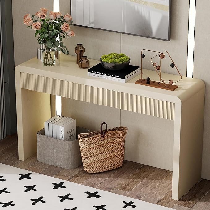 Modern Entryway Console Table 55-Inch Entry Sofa Table with Storage Drawers for Living Room Hallway Accent Furniture, Apricot
