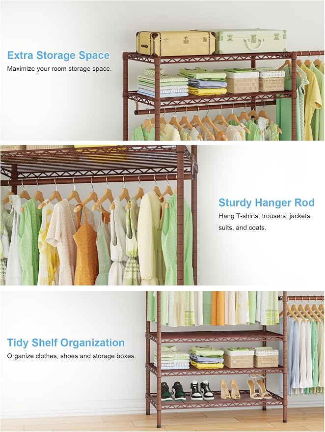 Ulif E11 Heavy-Duty Garment Rack, Metal Freestanding Clothes Rack and Closet Storage Organizer System with 8 Shelves and 4 Hanger Rods, (73.2-97.6)" W x 14.5" D x 71.2" H, Load 1034 LBS, Bronze