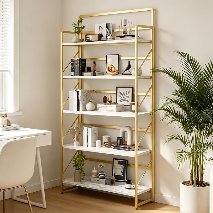 JSB 6 Tier No Assembly Folding Bookshelf, 30.3" Wide Foldable Storage Bookcase for Home Office, Space-Saving Storage Shelf for Living Room (White&Gold)