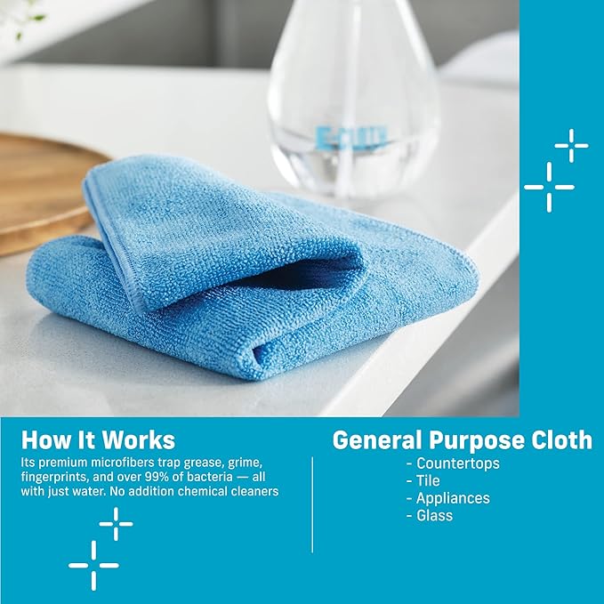 E-Cloth Microfiber Cloth, World's Leading Premium Microfiber Cleaning Cloth, Twice as Durable as Competition, 1 Year Guarantee, Ideal for Kitchen, Countertops, Sinks, and Bathrooms, Blue, 1 Pack