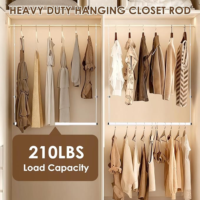 Hanging Closet Rod, Hanging Clothes Organizer, Adjustable, 2 Pack | Metal, White, Heavy Duty, Space-Saving, Double