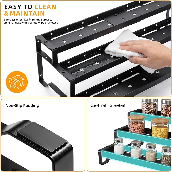 3-Tier Spice Rack Organizer 2 Pack, 13"-21.5" Expandable Spice Organization Shelf, Metal Seasoning Organizer for Kitchen Countertop or Pantry, Slip-Resistant Design for Jars and Bottles, Black