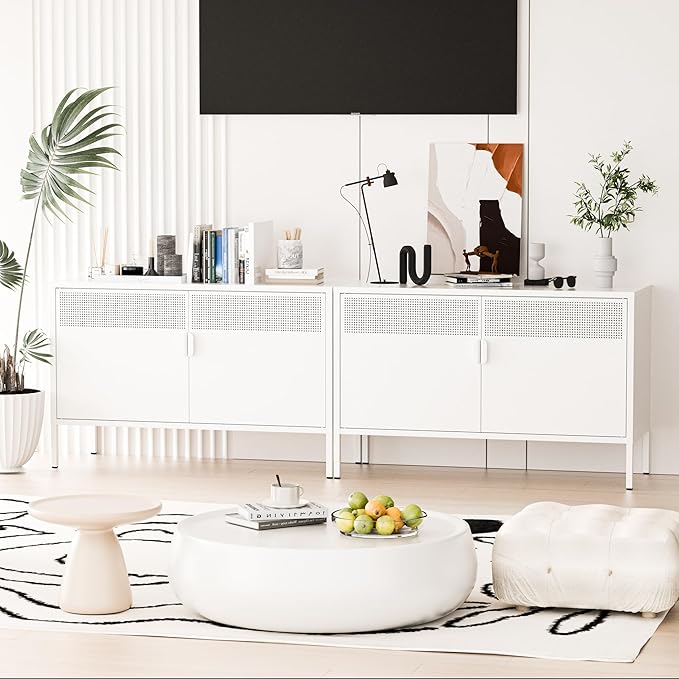 Washsemba 2 Door Storage Sideboard, Metal Storage Cabinet with 2 Adjustable Shelf,Multipurpose Metal Accent Cabinet for Office Home,Music Studio (White, 25''H)