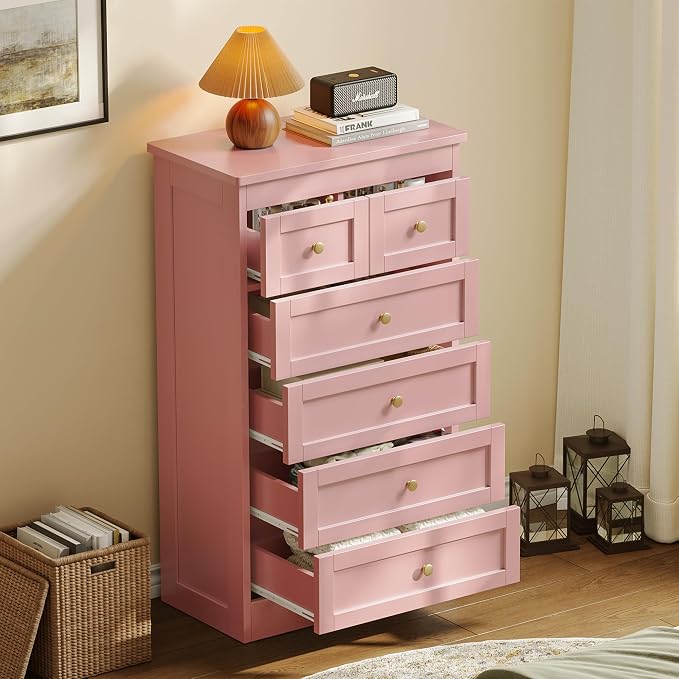 wanan Tall 6 Drawer Dresser for Bedroom, Pink Modern 43.3'' Tall Wood Chest of Drawers, Storage Organizer with Smooth Metal Rails & Anti-Tip Kit for Closet, Hallway, Living Room