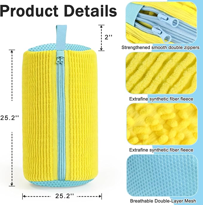 Dual Independent Compartments Shoe Washing Bag for Washer Dryer, Chenille Reusable Laundry Shoe Cleaner Bag for Sneakers Tennis Shoes, Yellow
