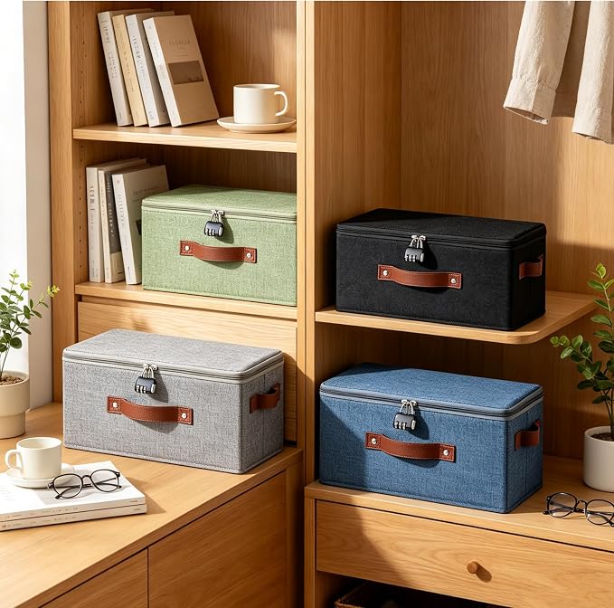 2PCS Storage Bins Box with Zipper Lid Combination Lock PU Leather Handles Cotton Linen Fabric Lockable Basket DVD CD Case Foldable Closet Shelf Organizer Container (Gray, 13"x 6"x 6")