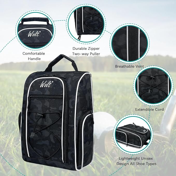 Wolt |Golf Shoe Bag for Travel- Zippered Shoes Carrier Bags with Ventilation & Double Outside Accessory Pocket for Socks, Tees, Golf Balls, Etc. for Women and Men (CamoBlack)