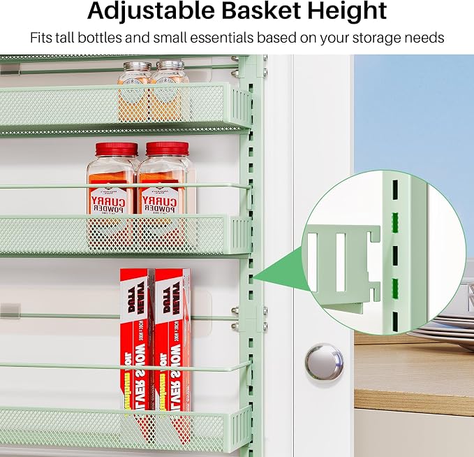 SNTD 8 Tiers Over the Door Organizer - Height Adjustable Pantry Organizers and Storage with Dense Mesh Baskets, Anti-Swing Hanging Door Spice Rack for Kitchen Bathroom (Green, 17" W x 6" D x 69" H)