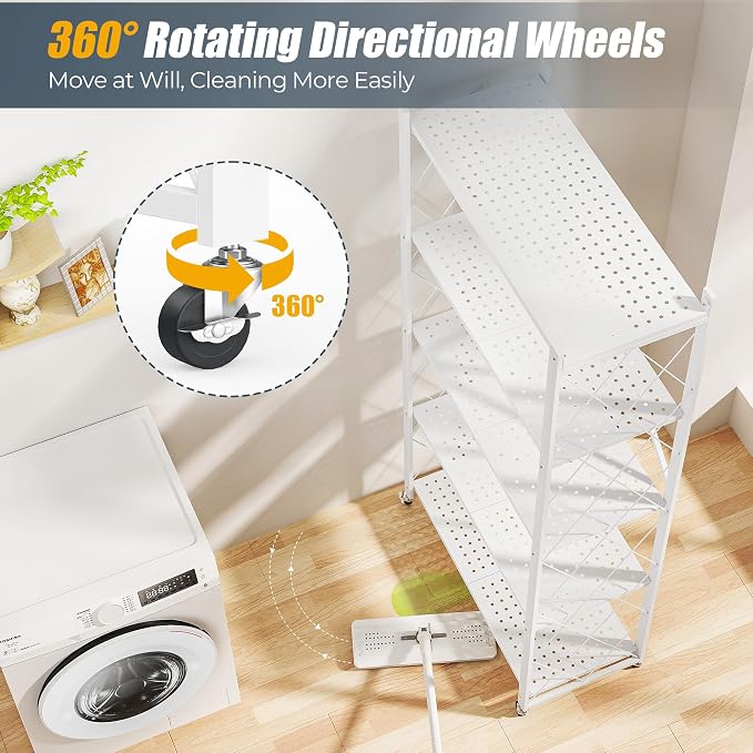 Fenbeli 5 Tier Storage Shelf with Wheels - Metal Collapsible Shelving Unit Display, Heavy Duty Folding Shelves, No Assembly Organizer Rack for Garage Kitchen, Basement, Pantry (White, 5 Tier)