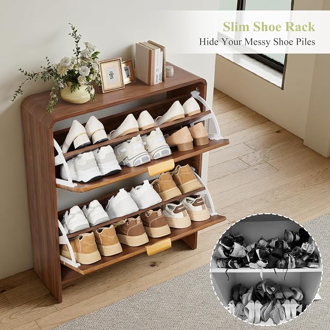 RARZOE Fluted Shoe Cabinet with 2 Flip Drawers, 29.5''Walnut | Narrow Curved Shoe Storage Cabinet, Freestanding Wood Hidden Shoe Organizer Closed Shoe Rack for Entryway Foyer, Hallway