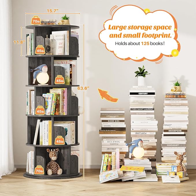 Aheaplus 5 Tier Rotating Bookshelf, Wood Spinning Bookshelf Tower, Round Revolving 360 Bookcase, Narrow Turning Book Shelf Rolling Corner Organizer for Small Space, Bedroom, Office, Black Oak