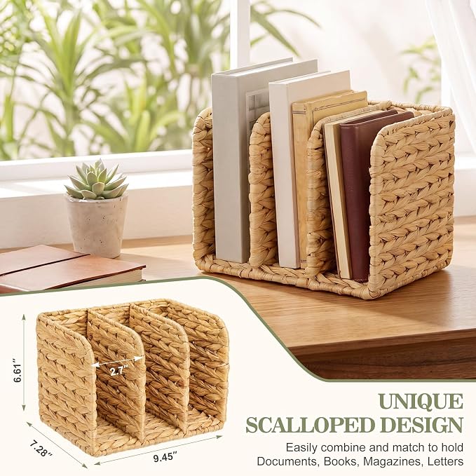 Novabright Water Hyacinth Magazine Holder, Wicker Rattan File Organizer, 3 Vertical Compartments Desktop Paper Sorter for Binders, Notebooks, Envelopes, Woven Boho Office Desk Organizer