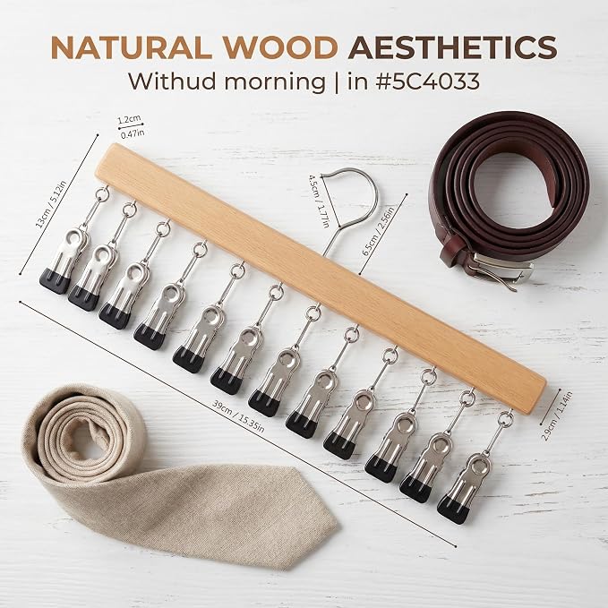 Closet Organizer with 12 Clips, 2 Pack Closet Space Savers for Hanging Clothes, Wooden Pants and Leggings Hangers with 360° Rotating Hook, Space-Saving Hat Scarf Clothespins, Natural Wood Color