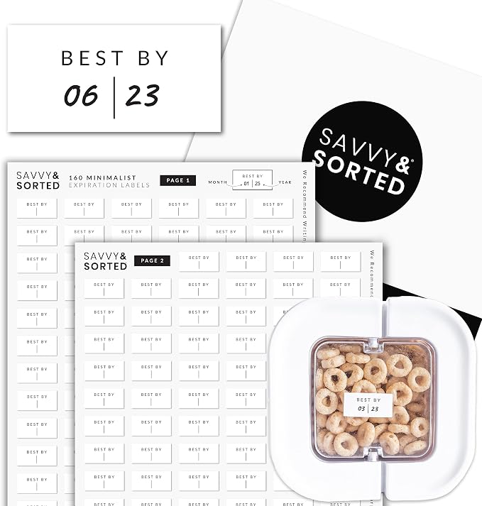 SAVVY & SORTED Expiration Date Pantry Labels,176 Waterproof Food Expiration Date Label for Containers, Kitchen Stickers for Food Freshness, Use by Meal Prep Labels, Best By Write On Labels