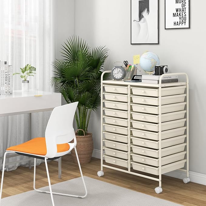 LDAILY 20-Drawer Rolling Storage Cart, Rolling Storage Cart, Storage Organizer on Wheels, Metal Frame, Scrapbook Paper Tools, Suitable for Office School, Classroom (White, 20 Drawer)