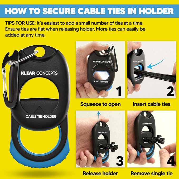 Zip Tie Holder with Carabiner Clip, Holds Up to 65 Zip Ties | Spring Loaded Design Clips onto Any Tool Belt or Ladder for One Handed Access, Built For Mechanics, DIYers & Electricians