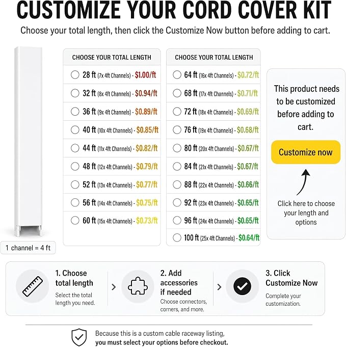 Custom Cable Raceway Kit - 4 FT Long Sections (1" x 0.63") Cord Cover Wall - Pre-Applied Adhesive Wire Hider for TV on Wall - Build Your Own Cable Management System