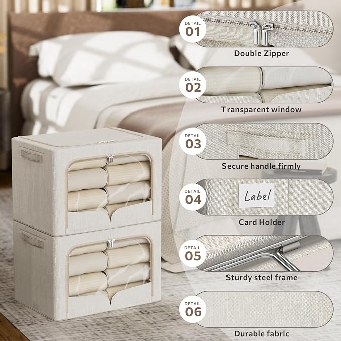 FHSQX 3 Pack Clothes Storage Bins - Foldable Metal Frame Storage Box - Stackable Linen Fabric Container Organizer Set with Carrying Handles and Clear Window (Beige, 15.7x11.8x7.8inch(22L))