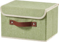 Storage Boxes with Lid Cotton Linen Fabric Storage Bins Organizer Container Decorative Collapsible Washable Shelf Baskets Faux Leather Handles for Home Bedroom Closet (Green, Small Size)