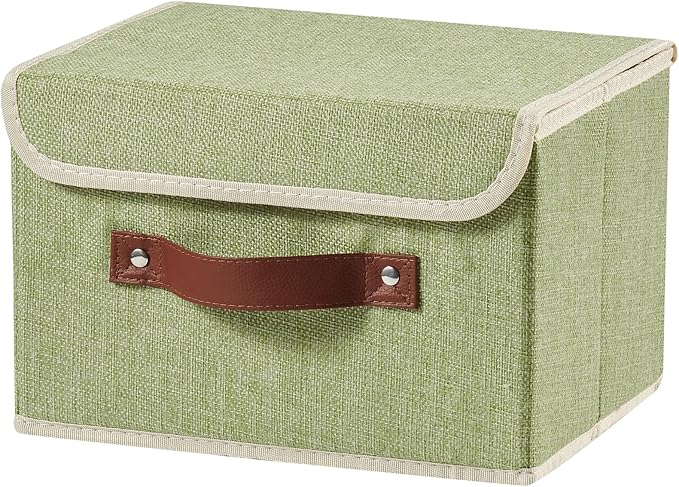 Storage Boxes with Lid Cotton Linen Fabric Storage Bins Organizer Container Decorative Collapsible Washable Shelf Baskets Faux Leather Handles for Home Bedroom Closet (Green, Small Size)