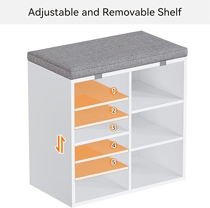 coucheta Shoe Storage Bench with Cushion, Cubby Seat Shoe Cabinet, Small Shoe Rack Bench with 3-Tier Adjustable Shelf for Entryway, Bedroom, Living Room, Hallway, Closet and Garage (White, 20 Inches)