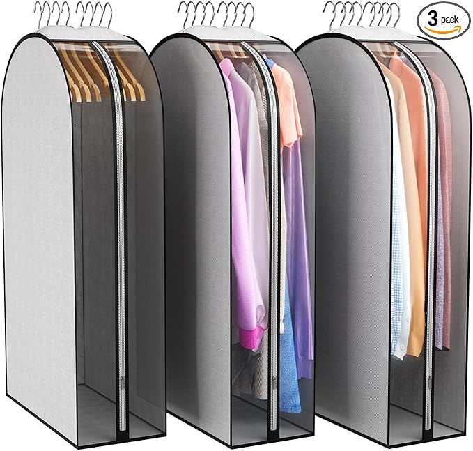 Liuoud 10" Gusseted Garment Bags for Hanging Clothes 40" Suit Bags for Open Closet Storage, Side Clear Clothing Cover for Coat, Dress, Jacket, Shirt, Fur Wardrobe Protector, 3 Packs, Grey