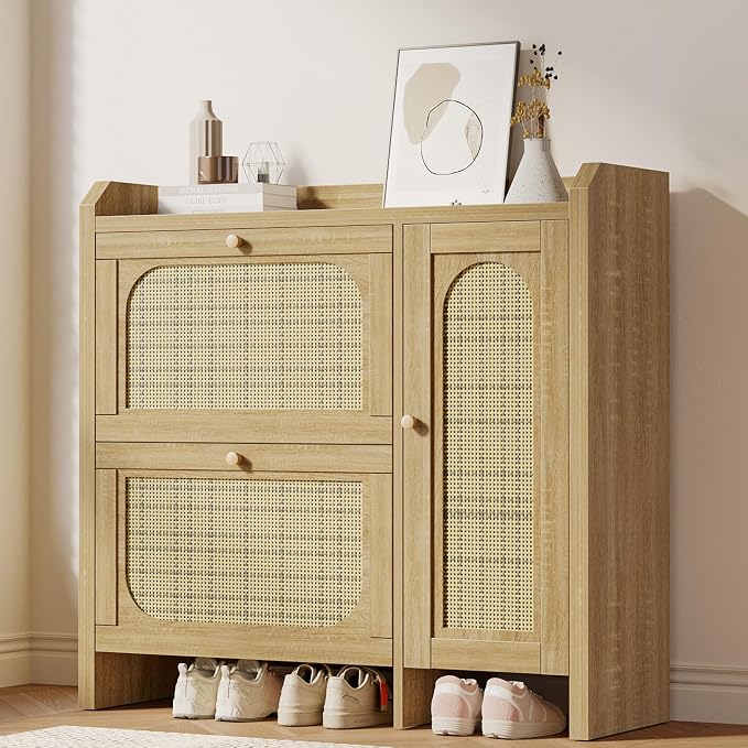 Mericonia Shoe Cabinet Storage for Entryway with 2 Flip Drawers(3-Tier), Rattan Freestanding with Door & 3 Adjustable Shelve,Hidden Shoe Rack Organizer for Hallway, Foyer