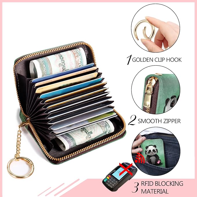 Blusabaca RFID Credit Card Holder Small Women Travel Wallet, Cute Panda | Removable Keychain, Case with Zipper, Vegan PU Leather, Cash Coin Pocket, Business Accordion Purse, Ladies Female Gift