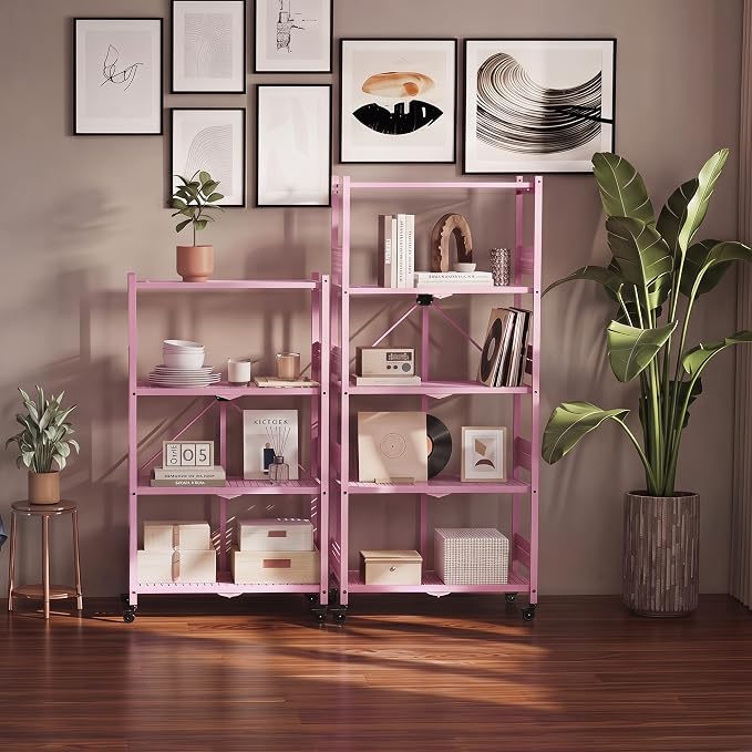 WORKPRO 4-Tier Folding Shelf, No-Assembly Metal Storage Rack with Wheels, 600 lbs Capacity (with Leveling Feet), Collapsible Shelving Unit for Kitchen, Pantry, Closet & Craft Shows - Pink