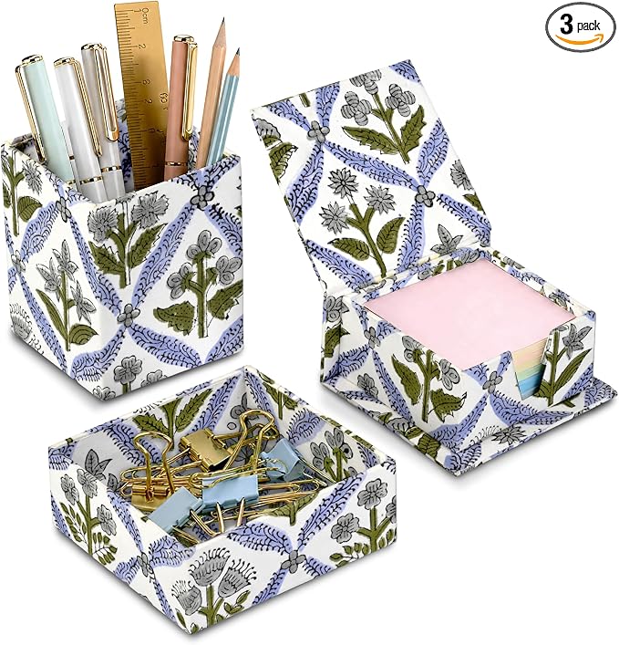 Ridhi Light Steel Blue Block Print Handmade Office Desk Organizer Pen and Sticky Note accessories Holder Cute, Aesthetic, Decor workspace Caddy Gift for Office, Teachers, Professionals, Students