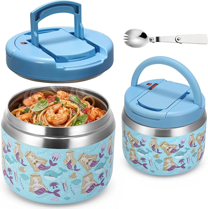 MAXSO 14oz Vacuum Insulated Food Jar with Spoon Buckle Lid, Kids Soup Thermo for Hot Food Wide Mouth Leakproof Stainless Steel Lunch Container - Mermaid
