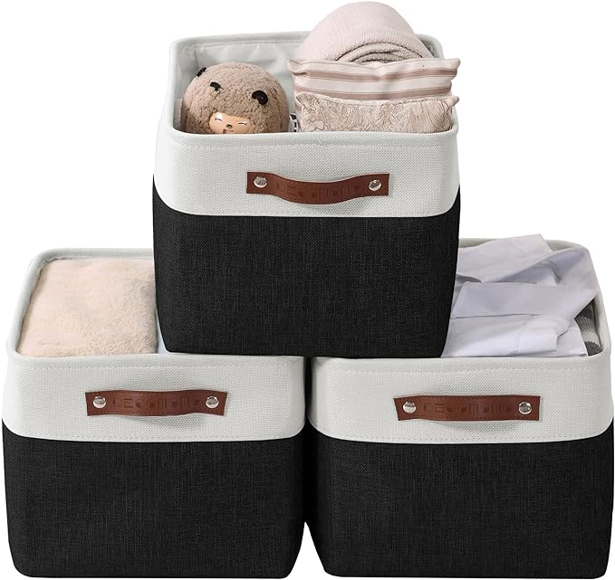 DECOMOMO Storage Bins, Large Fabric Storage Baskets for Shelves, Decorative Linen Closet Organizer, 15 x 11 x 9.5 inches (Black & White, 3 Pack)