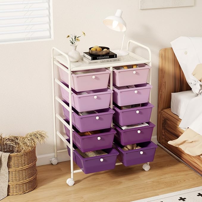 COSTWAY 10 Drawer Rolling Storage Cart, Utility Cart with Lockable Wheels | Mobile Art Supply Craft Organizer with Metal Frame, Multipurpose Drawer Cart for Paper for Office, School, Purple Gradient