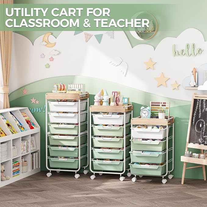Rolling Craft Storage Cart with 4 Drawers,Utility Cart with Drawers,Art Craft Organizers and Storage,Kids Craft Cart,Kids Art Cart With DIY Lable and Wooden Tabletop Area,Green