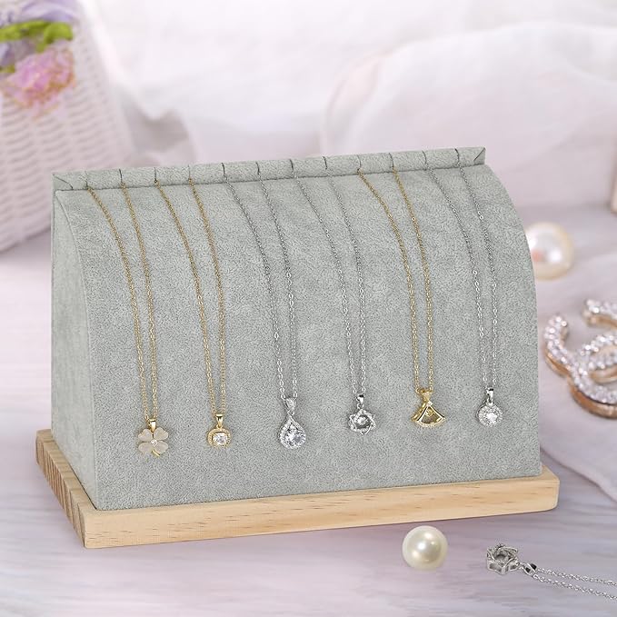 KUKUVR Velvet Cambered Necklace Display Stand for Women, Wood Base Jewelry Holder Rack for Necklace Pendant Bracelet Chains, Necklaces Storage Organizer Showcase for Selling Vendors exhibition (Grey)