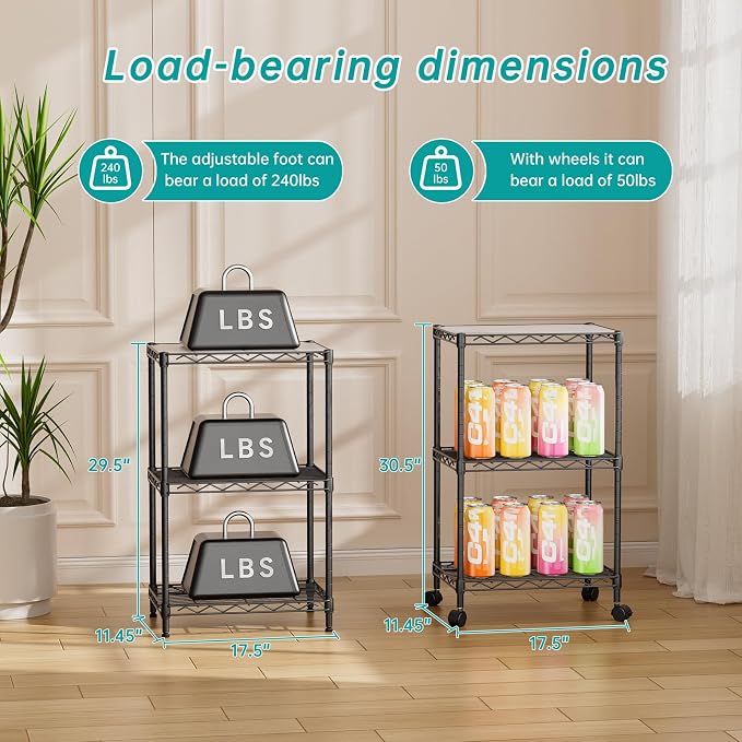 SINGAYE Small 3 Tier Shelves Wire Storage Shelving Adjustable Metal Shelf | With Wheels Home Storage Small Rack Pantry Closet Unit for Laundry Room Organization Bathroom Kitchen