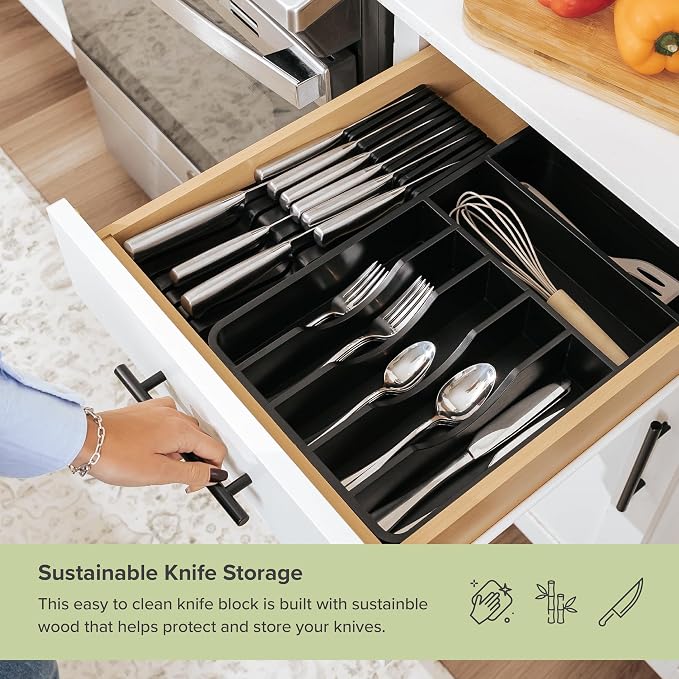 KitchenEdge In-Drawer Knife Block Holder, 11 Slots, Black | Fits most knife sizes, rubber feet, food-safe finish