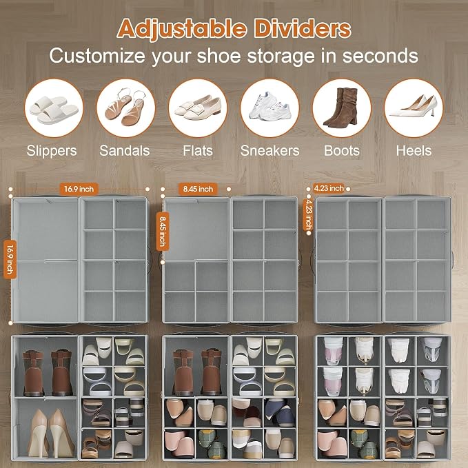 4 Pack Shoe Organizer for Closet,Foldable Shoe Storage Organizer with Adjustable Dividers, Shoe Storage Box with Clear Cover, Fits up to 32 Pairs, Gray