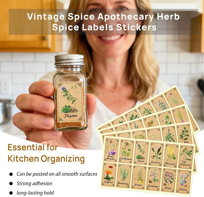 48PCS Herb and Spice Labels for Jars Bottles, Vintage Jars Stickers for Spice Cabinet Organization, Apothecary Labels Herblist Supplies(1.4"x2.4")