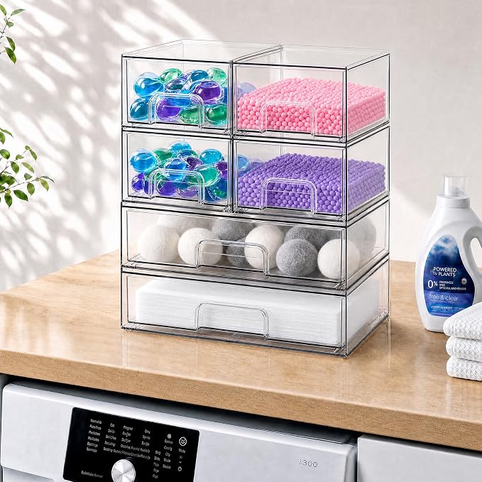 TIPGO Clear Stackable Storage Drawers, Acrylic Bathroom Makeup Organizer, Plastic Bins for Art Tool & Sketch, Sturdy and Durable Containers for Countertop, Cabinet, Vanity, Pantry Organization