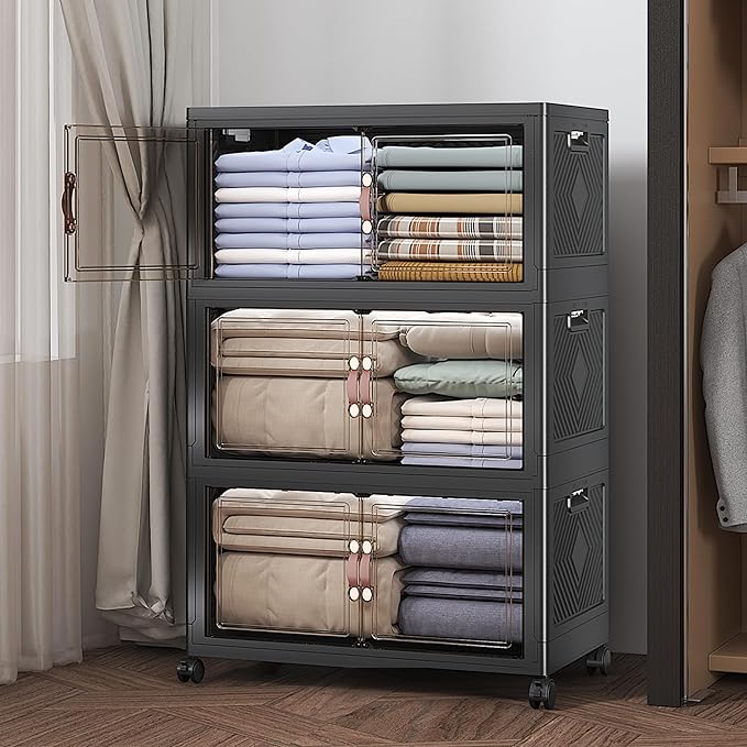 UAMFURI Extra Large Stackable Storage Bins with Lids & Wheels, Foldable Collapsible Closet Organizers Dark Storage Cabinet with Doors for Bedroom Dorm