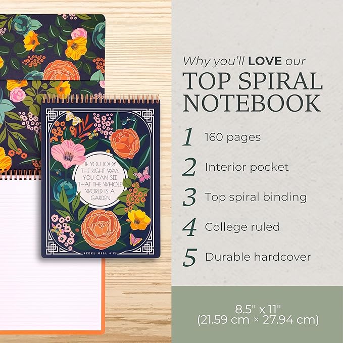 Steel Mill & Co Large Top Spiral Notebook College Ruled, 11" x 8.5" with Durable Hardcover and 160 Lined Pages (The Secret Garden)