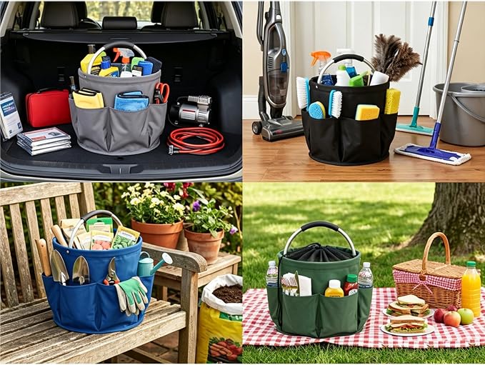 Garden Tool Bucket Organizer, Bucket Tool Organizer,5 Gallon with Aluminum Handle, Multi Side Pockets Portable Storage Caddy for Gardening Camping Car Wash (Green, Drawstring Closure)