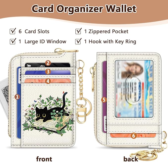 GIANCOMICS Slim Wallet Credit Card Holder Women, Black Cat Rfid Blocking Small Card Case, Keychain Thin Pocket Curved Zipper Wallet, Travel Card Holder PU Leather ID Window, Ladies Female Gifts
