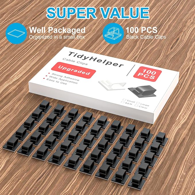 100 PCS Cable Clips, Upgraded Adhesive Cord Clips for Wires on Wall, Strong Wire Clips Holders for Cord Cable Management, Ethernet Cable, TV Coax, Extension Cord, Power Cable (Large, Black)